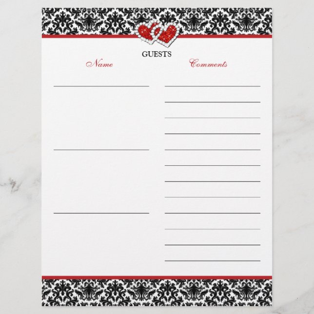 Papier Noir Blanc Rouge Damas, Coeurs Livre d'invité Livr (Devant)