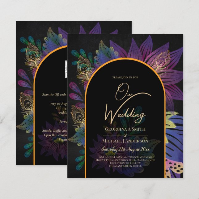 Papier Noir Peacock Jewel Tones Floral Mariage (Devant / Derrière)