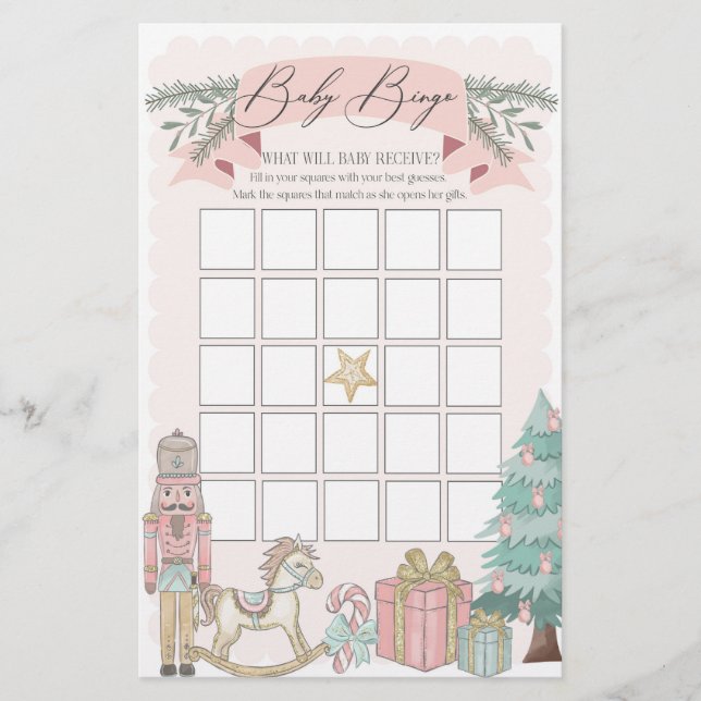 Papier noisette rose Noël baby shower jeu de bingo (Devant)