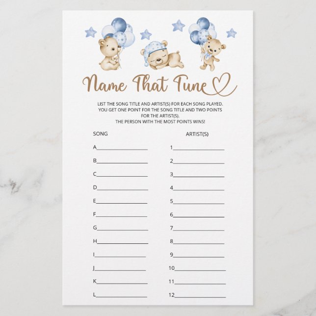 Papier Nom Ce Tune Teddy Bear Baby shower Garçon (Devant)