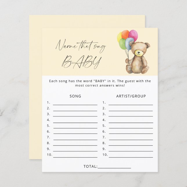 Papier Nom de la chanson jeu de baby shower - Ours (Devant / Derrière)