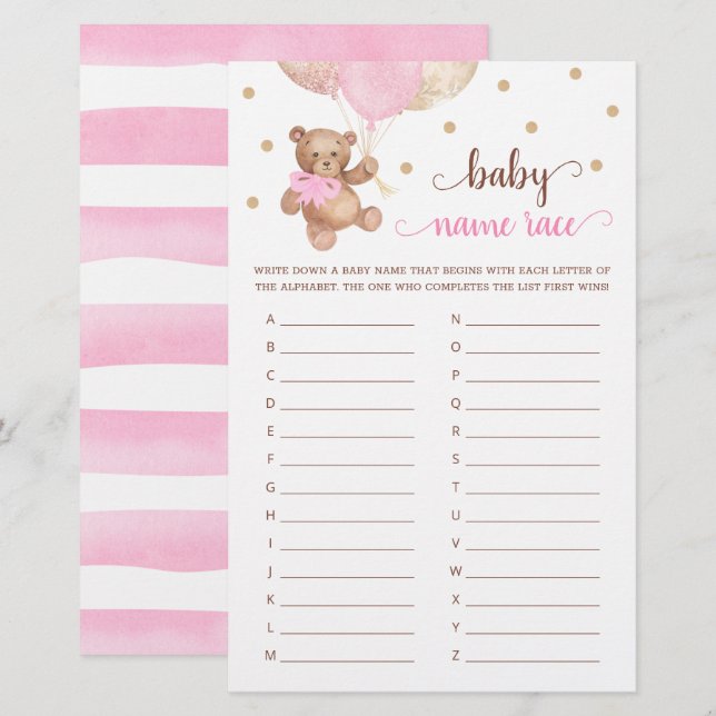 Papier Nom du bébé Race Jeu Baby shower Teddy Bear (Devant / Derrière)