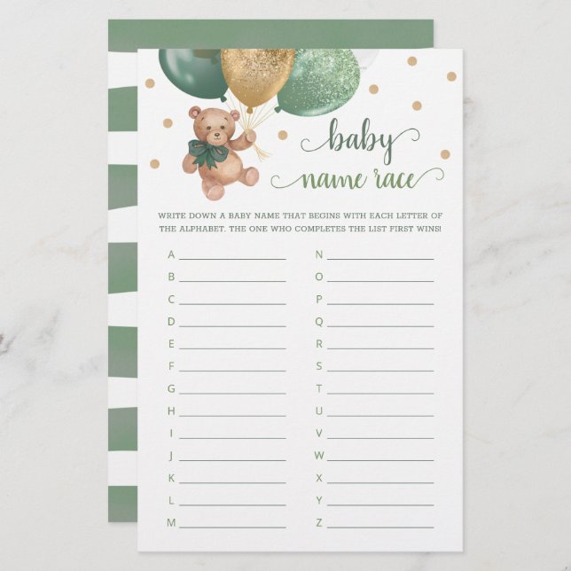 Papier Nom du bébé Race Jeu Baby shower Teddy Bear (Devant / Derrière)