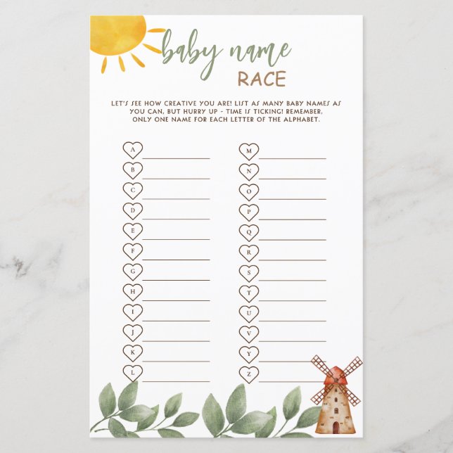 Papier Nom du bébé Race Jeu de ferme Animaux Baby shower (Devant)