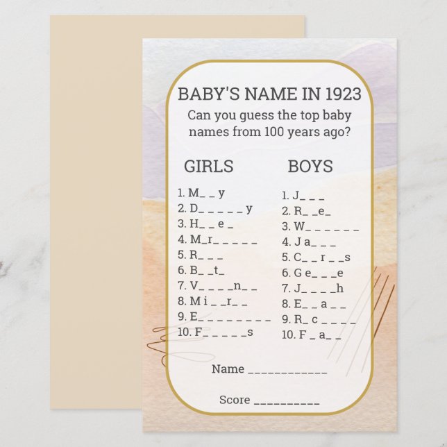 Papier Nom du bébé Remplir dans le jeu de Baby shower de  (Devant / Derrière)