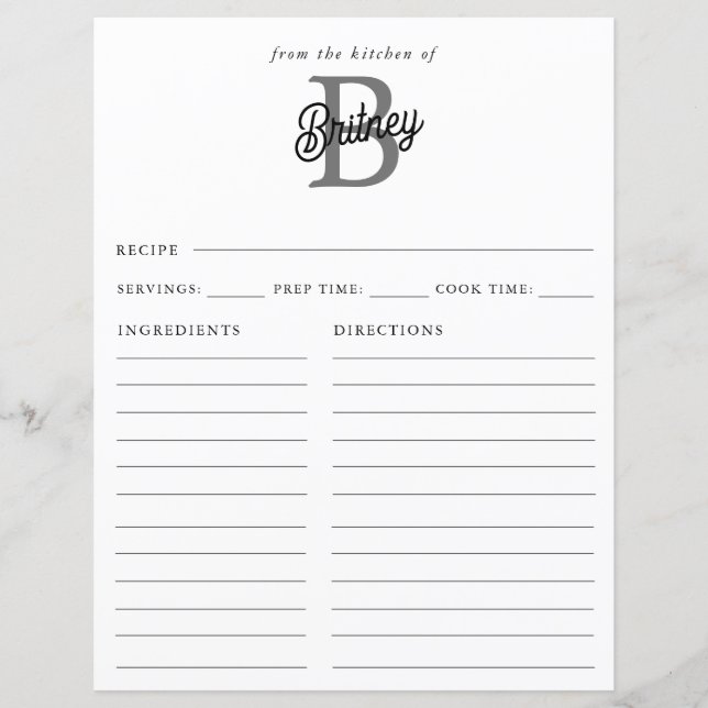 Papier Nom du monogramme moderne Recette de script gris n (Devant)