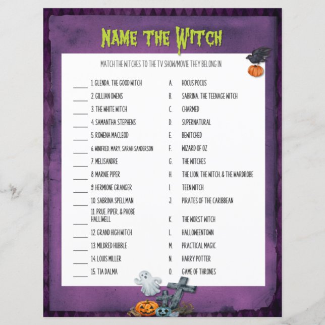 Papier Nommez le jeu d'Halloween sorcière (Devant)