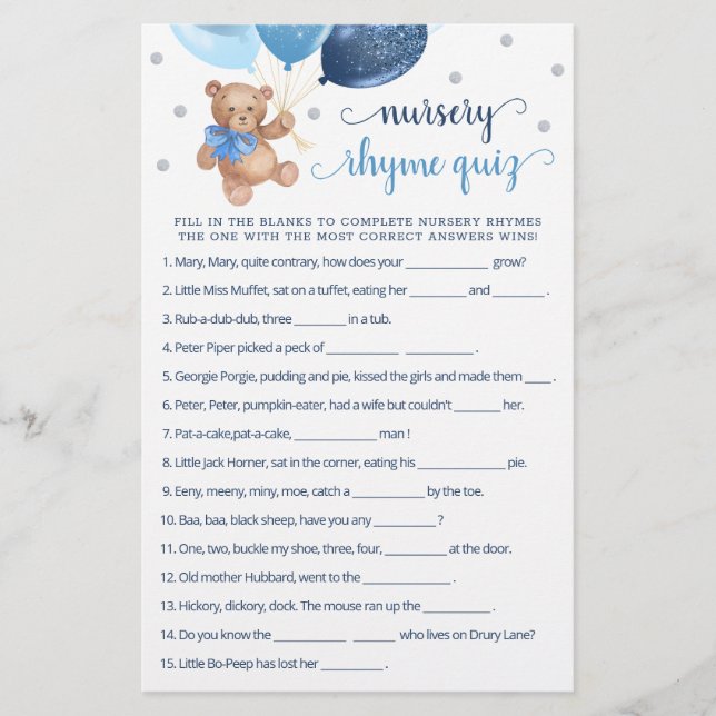 Papier Nourrisson Rhyme Quiz Jeu Baby shower Teddy Bear (Devant)