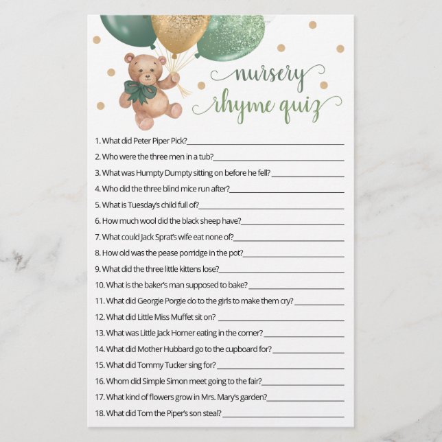 Papier Nourrisson Rhyme Quiz Jeu Baby shower Teddy Bear (Devant)