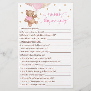 Papier Nourrisson Rhyme Quiz Jeu Baby shower Teddy Bear