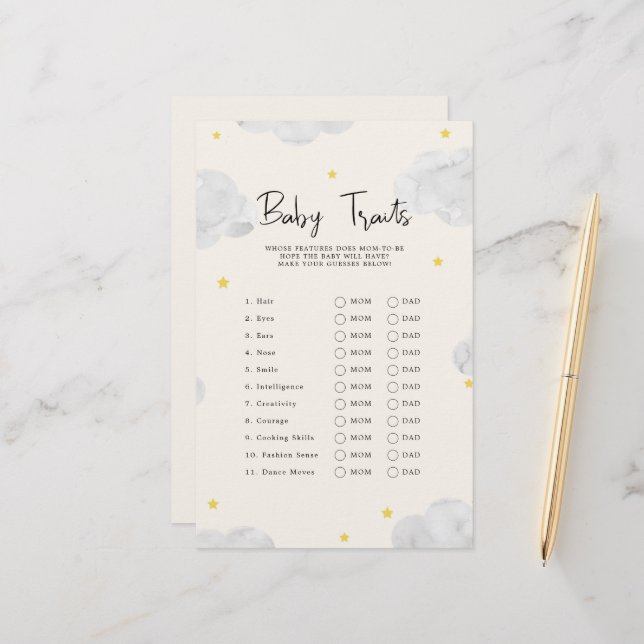 Papier Nuages Baby Traits Baby shower Jeu (Devant/Arrière en situation)