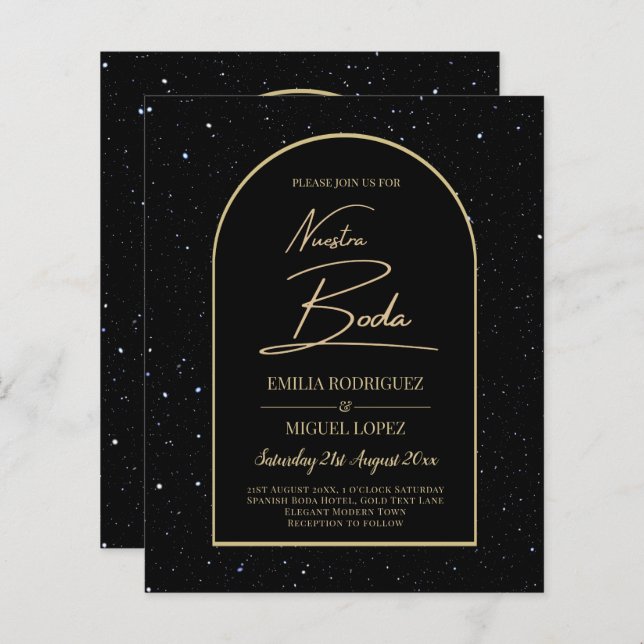 Papier NUESTRA BODA BLACK OR étoile INVITATION de nuit (Devant / Derrière)