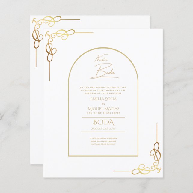 Papier Nuestra Boda Budget Or Accent Invitation bilingue (Devant / Derrière)