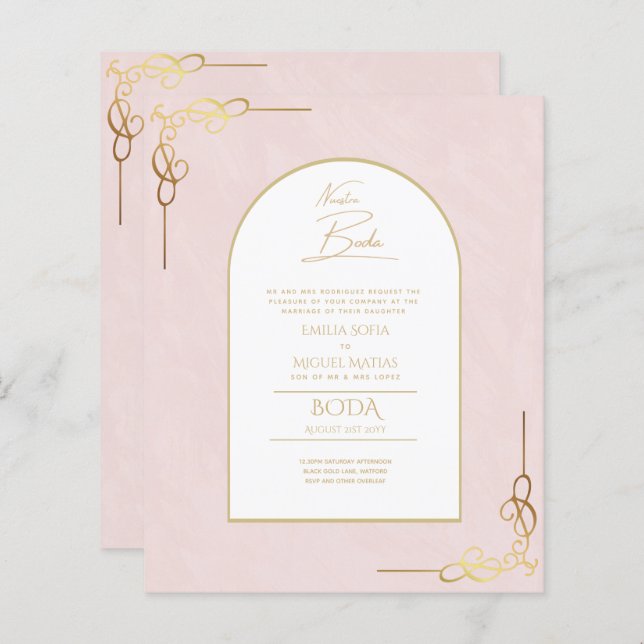 Papier Nuestra Boda Budget Or Accent Invitation bilingue (Devant / Derrière)