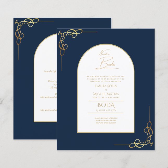 Papier Nuestra Boda Budget Or Accent Invitation bilingue (Devant / Derrière)