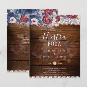 Papier Nuestra Boda Burgundy Blue Floral Lace INVITATION