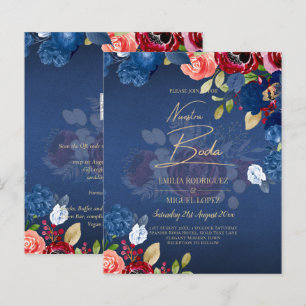 Papier NUESTRA BODA Burgundy Blue Floral Wedding INVITE