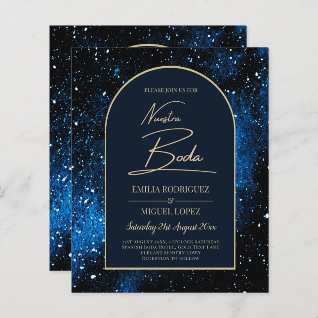 Papier NUESTRA BODA Starry Night Marine Blue Gold INVITAT (Devant / Derrière)