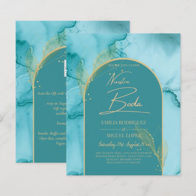 Papier NUESTRA BODA Turquoise Turquoise Gold Wedding INVI (Devant / Derrière)