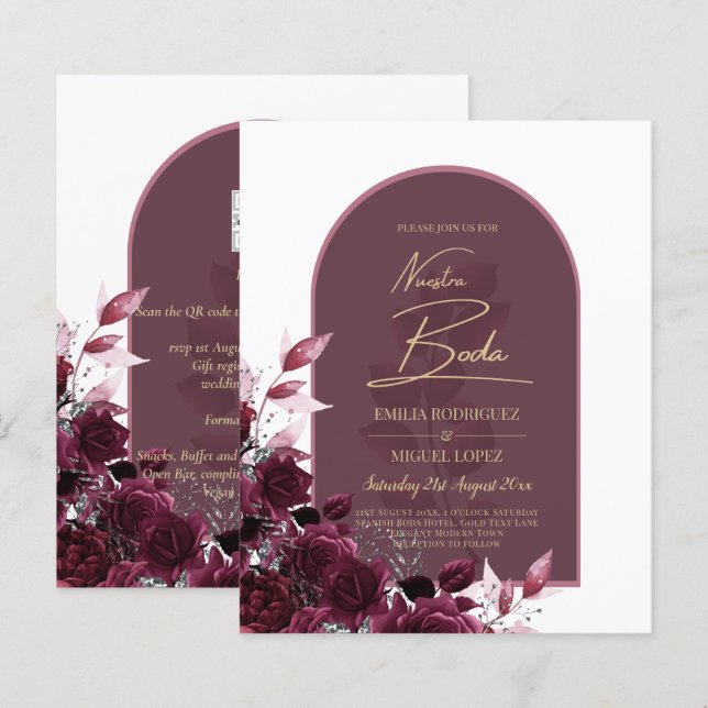 Papier NUESTRA BODA Vin Roses rouges INVITATIONS (Devant / Derrière)