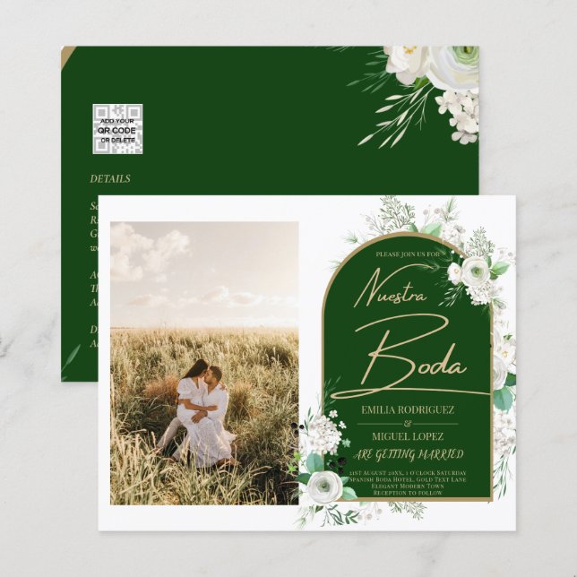 Papier NUESTRA BODA White Roses Espagnol Photo Invitation (Devant / Derrière)