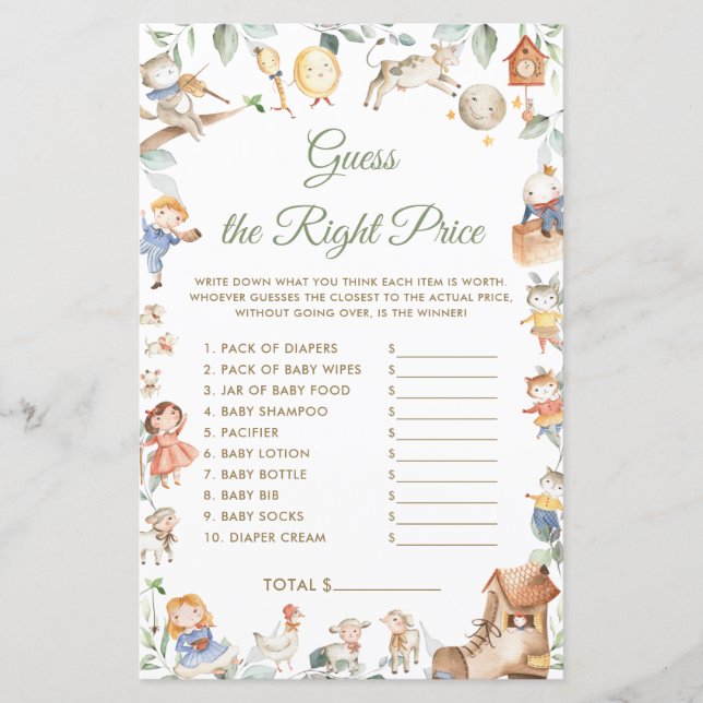 Papier Nursery Rhyme Devinez Prix Juste Baby shower Jeu (Devant)