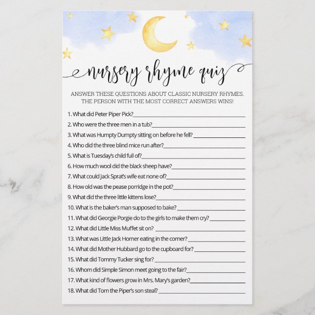 Papier Nursery Rhyme Quiz jeu de Baby shower avec réponse (Devant)
