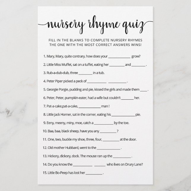 Papier Nursery Rhyme Quiz jeu de Baby shower avec réponse (Devant)