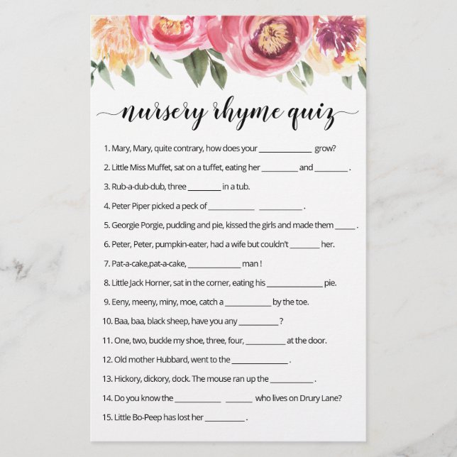 Papier Nursery Rhyme Quiz jeu de Baby shower avec réponse (Devant)