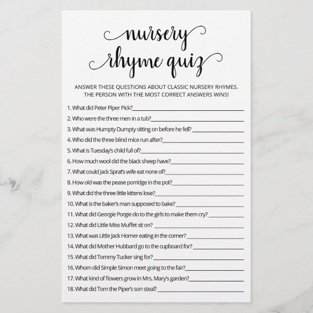 Papier Nursery Rhyme Quiz jeu de Baby shower avec réponse (Devant)