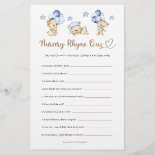 Papier Nursery Rhyme Quiz Teddy Bear Boy Baby shower