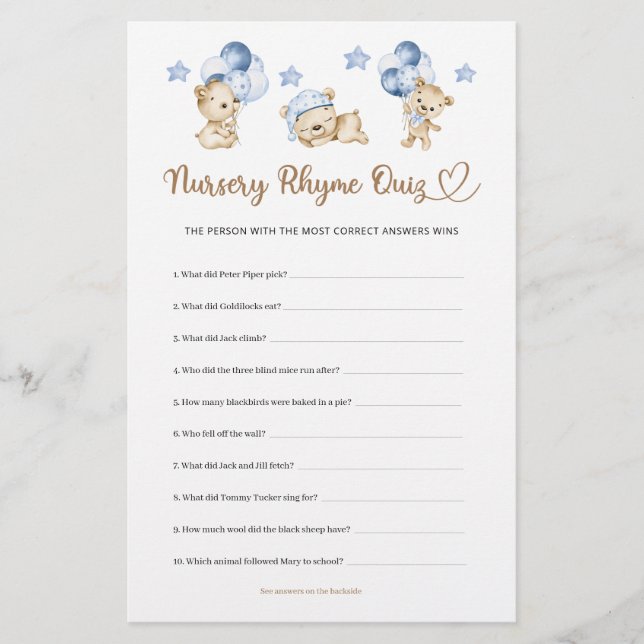 Papier Nursery Rhyme Quiz Teddy Bear Boy Baby shower (Devant)
