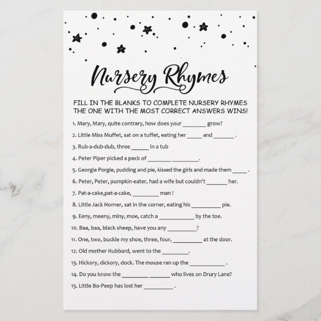 Papier Nursery Rhymes avec réponses Baby shower partie je (Devant)
