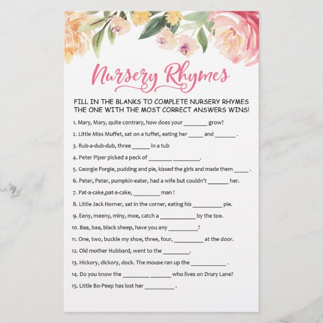 Papier Nursery Rhymes avec réponses Baby shower partie je (Devant)