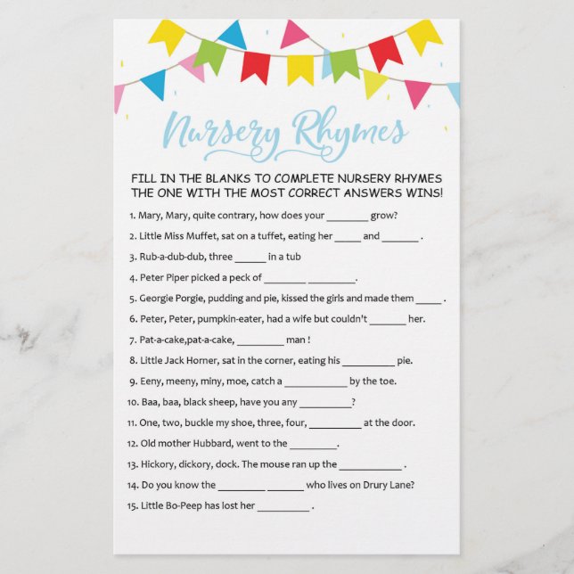 Papier Nursery Rhymes avec réponses Baby shower partie je (Devant)