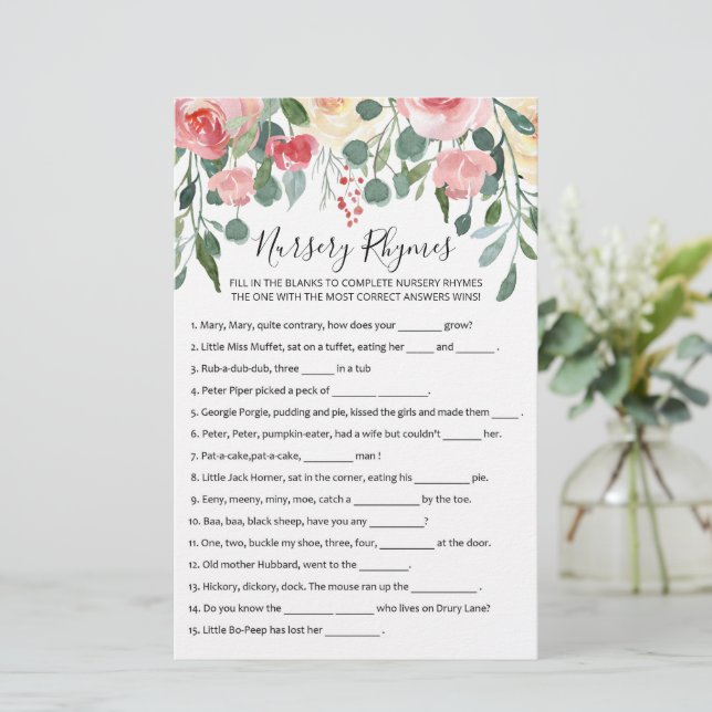 Papier Nursery Rhymes avec réponses Baby shower partie je (Debout devant)