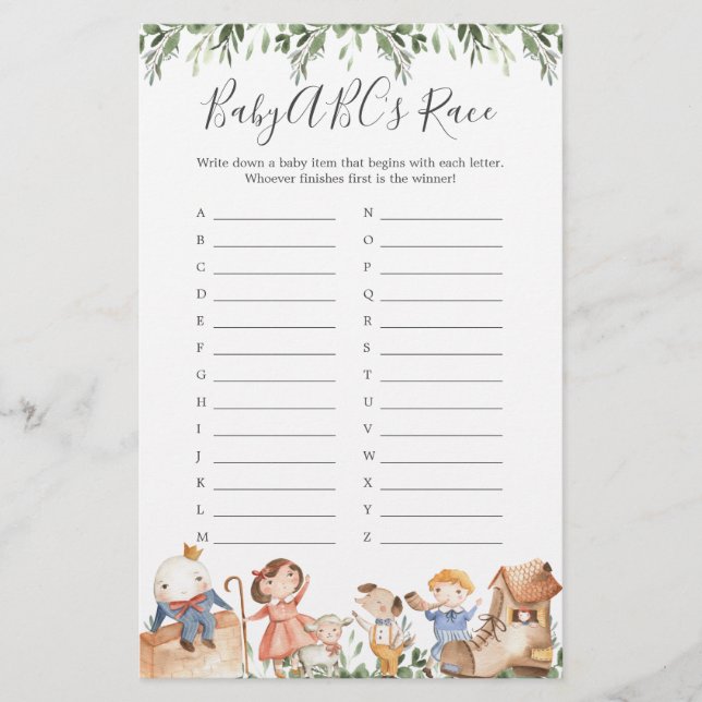 Papier Nursery Rhymes Baby shower ABC's Race Game (Devant)