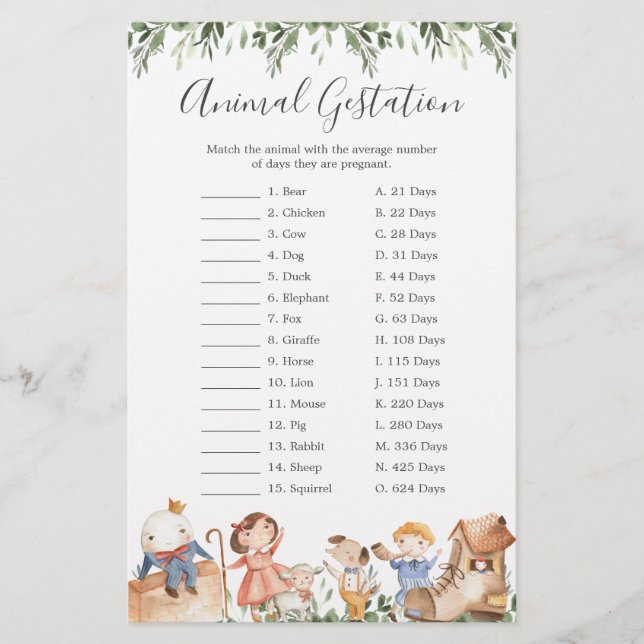 Papier Nursery Rhymes Baby shower Animal Gestation Jeu (Devant)