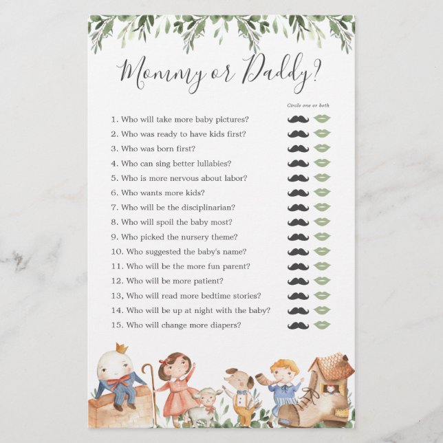 Papier Nursery Rhymes Baby shower Maman ou papa Jeu (Devant)