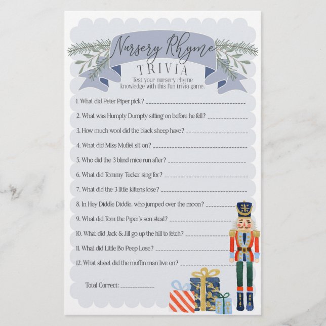 Papier nutcracker nurserme rime trivia baby shower jeu (Devant)