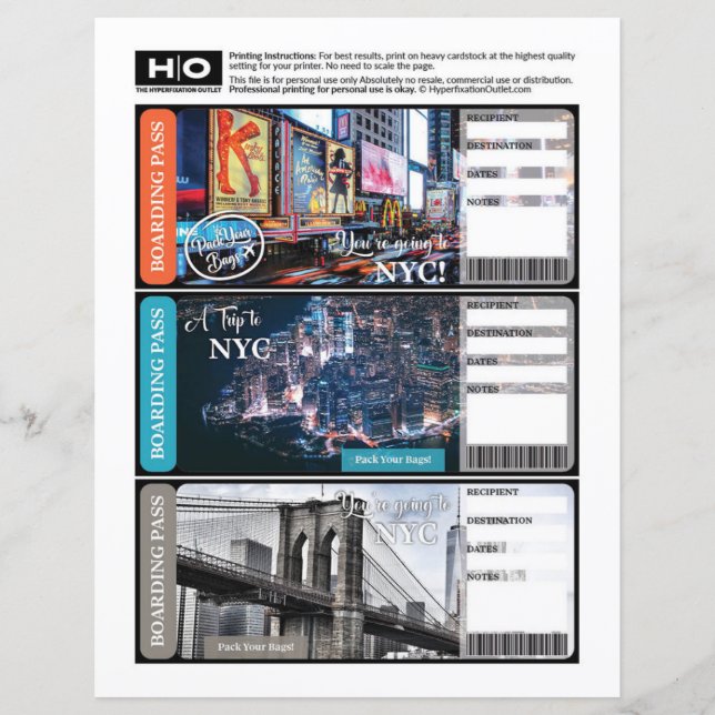 Papier NYC | New York Faux Ticket pour Voyage et Événemen (Devant)