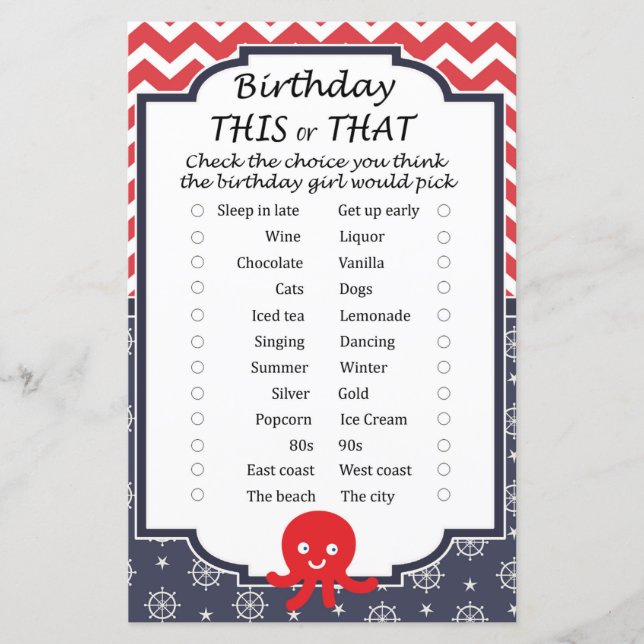 Papier Octopus Anniversaire ce ou ce jeu (Devant)