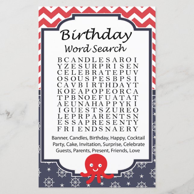Papier Octopus Anniversaire jeu de recherche par mot (Devant)