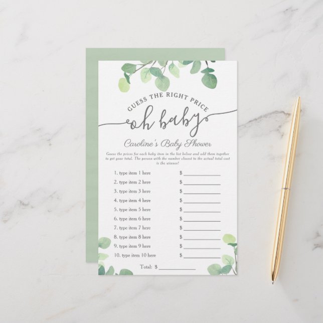 Papier Oh Baby Guess Prix Vert Baby shower Jeu (Devant/Arrière en situation)