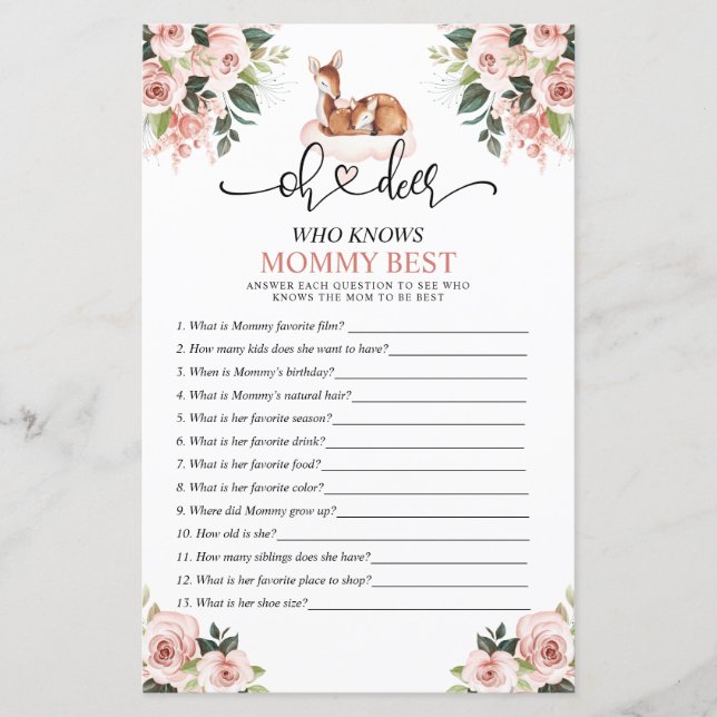 Papier Oh Deer Baby Floral Qui Connaît Maman Meilleur Jeu (Devant)