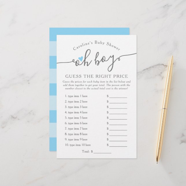 Papier Oh garçon Devinez le bon prix Baby shower bleu jeu (Devant/Arrière en situation)