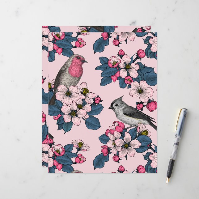 Papier Oiseaux et fleurs roses (Devant/Arrière en situation)