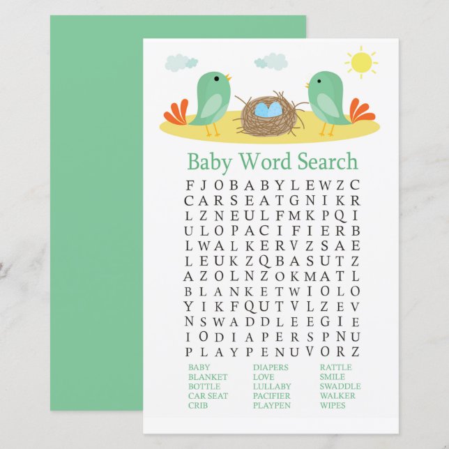Papier Oiseaux et nid Baby shower Word Recherche Jeu (Devant / Derrière)