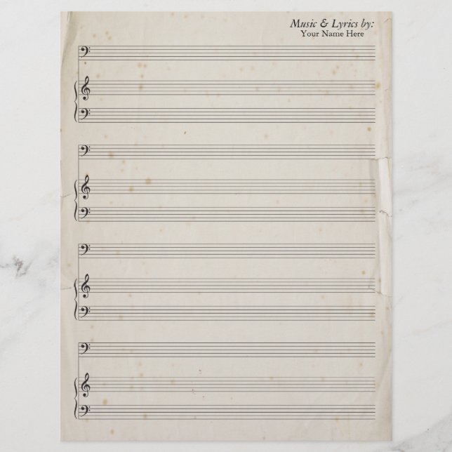 Papier Old Torn Edges Blond Sheet Musique Bass Clef (Devant)