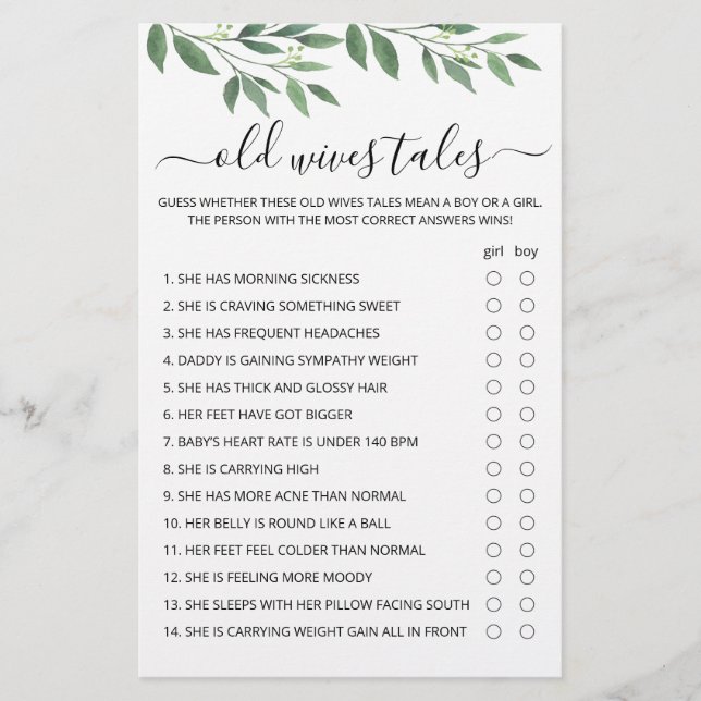 Papier Old Wives Tales Jeu Baby shower partie (Devant)